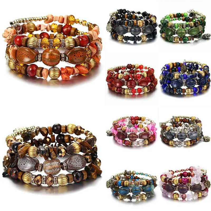 

Pendant Boho Bracelet Women Stone Chain Bead Natural Charm Tassel Multilayer Set