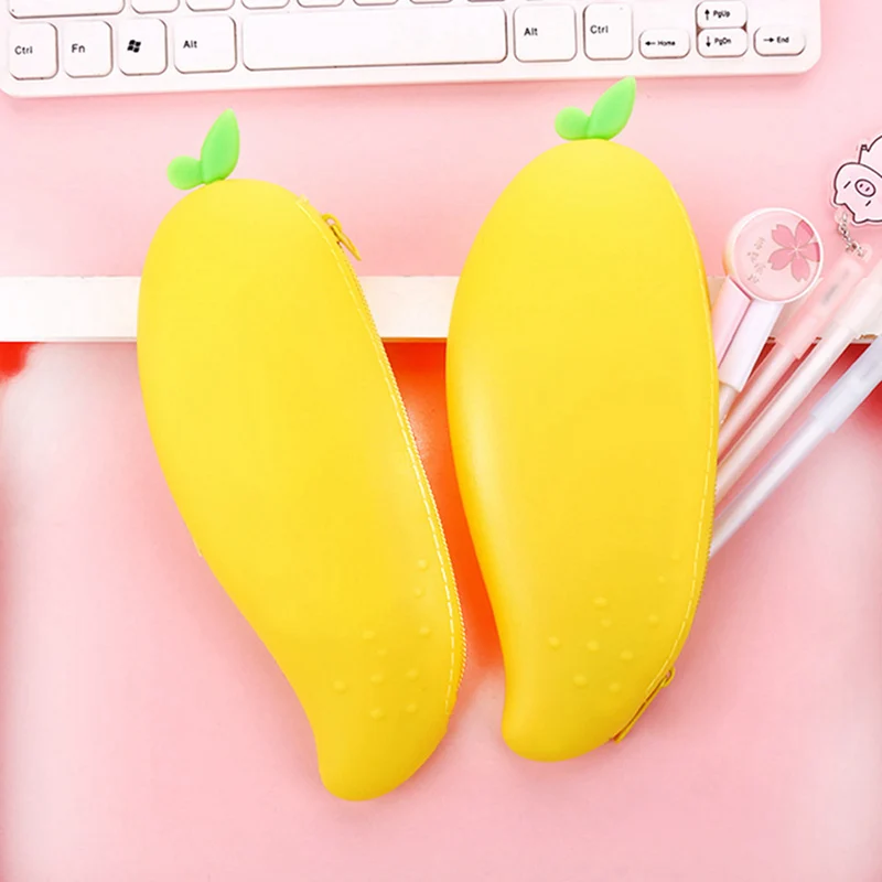 1PCS Creative Simple Cute Mango Pencil Bag Student Pen Case Cartoon Pencil Bag Zipper Silicone Pencil Bag Kids Gifts