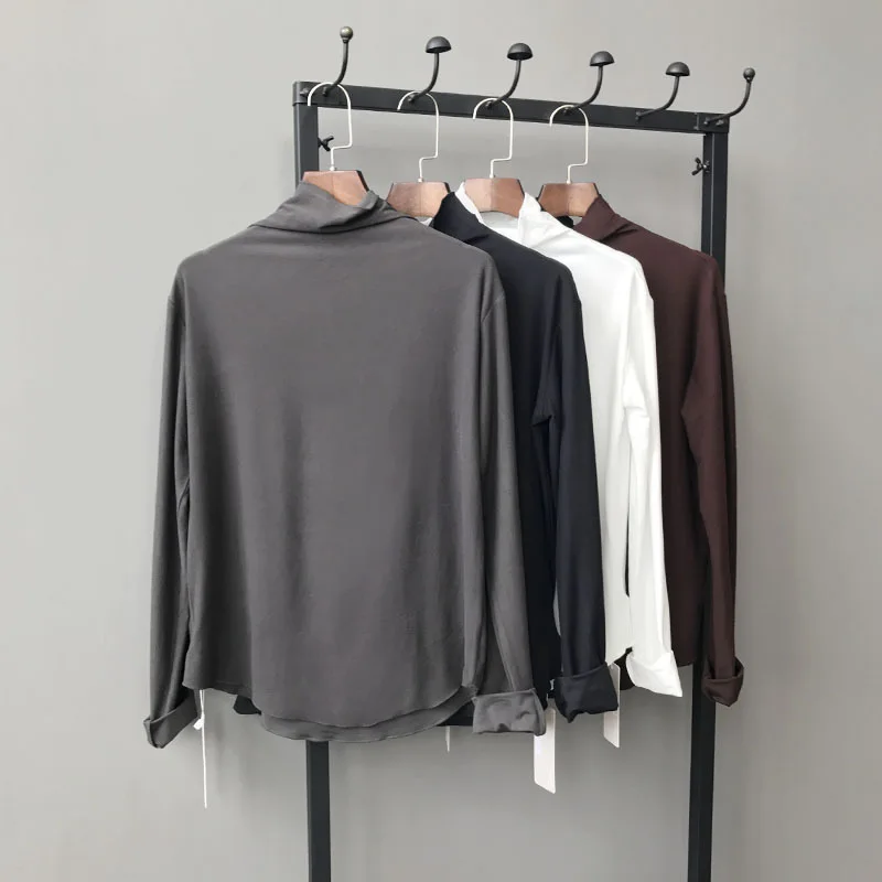 Online Mooirue otoño Camiseta de punto de cuello alto de manga larga cuello redondo Camiseta básica femenina blanco gris puente