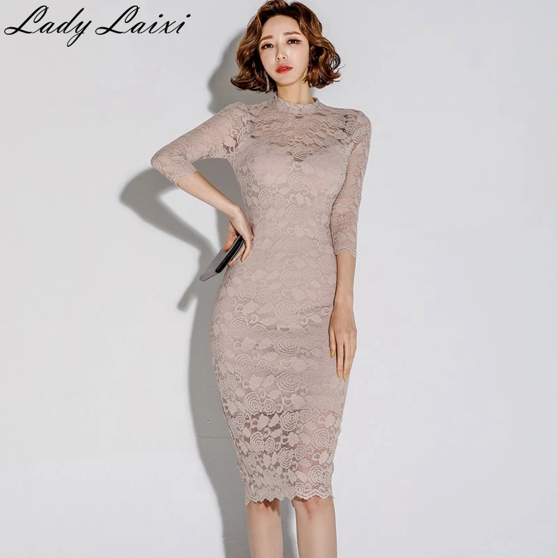 light pink Сексуальное перспективное женское кружевное платье с открытой спиной, элегантные вечерние платья в стиле ретро, весеннее облегающее платье-карандаш - Цвет: light pink