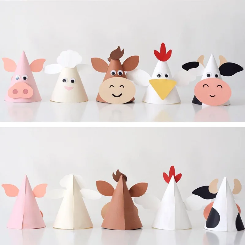 Party Hat Farm Animals Paper Hat DIY Birthday Party Decorations Kids Children Props for Outdoor Activities Rabbit Sheep Chick Conical Cap