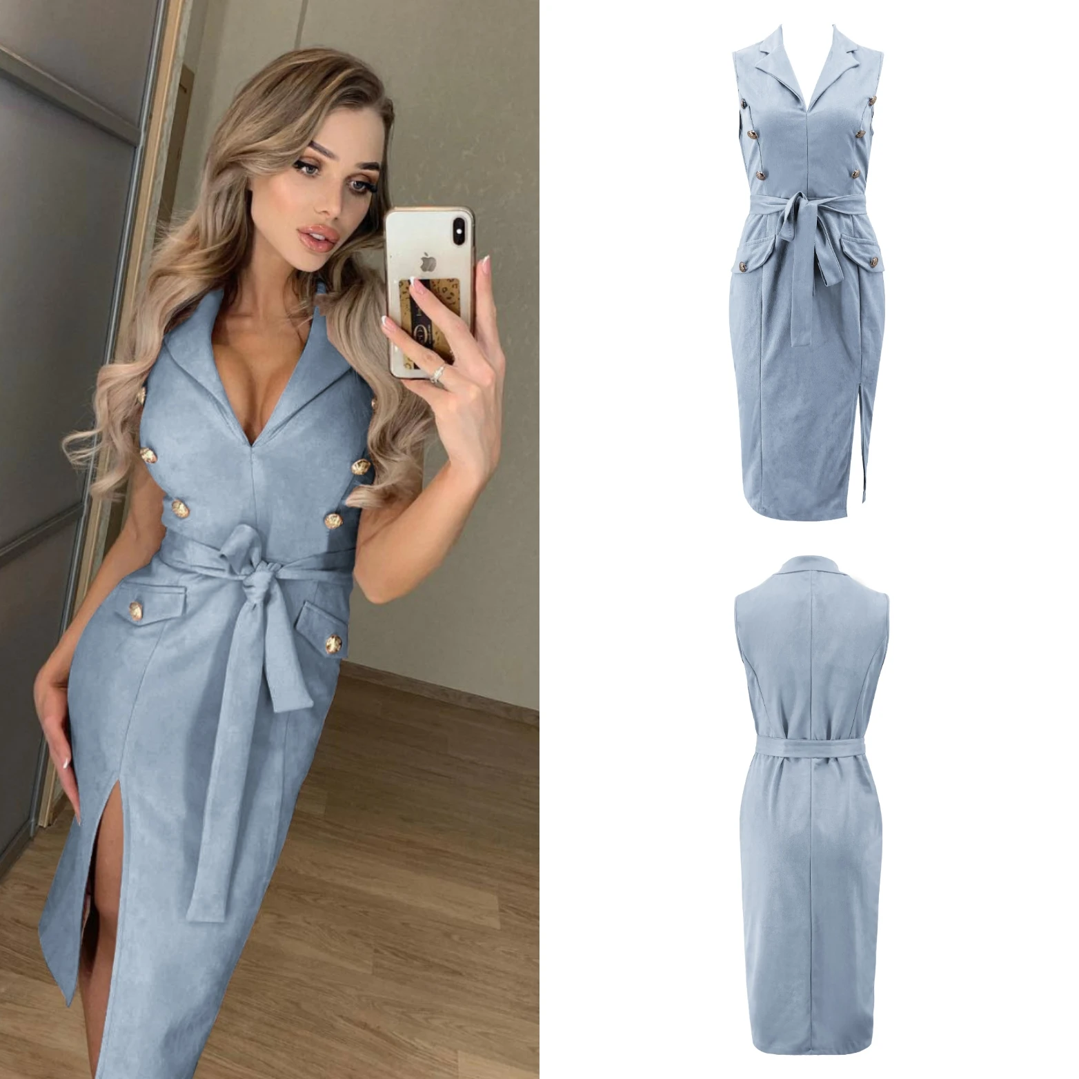 Boho элегантное женское сексуальное платье миди, Vestido, без рукавов, облегающее, официальное, Бандажное, на пуговицах, коктейльное, миди платье-карандаш, офисное, женское платье - Цвет: Небесно-голубой