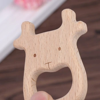 

New Bby Teether Natural Beech Wood DIY Cow Shape Ring Craft Chew Handmade Kids Toys