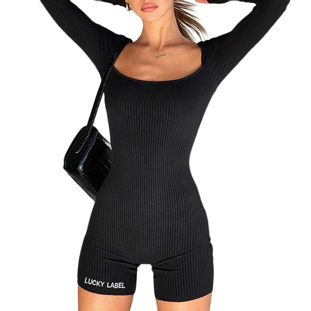 

Women's Fitness Playsuit 2020Autumn Casual Sexy Slim Long Sleeve Rompers Warm Shorts Bibbed Bottoming One Piece Set For Gym