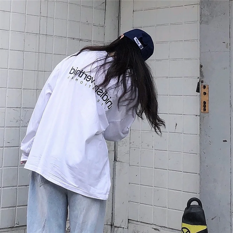 Осенняя женская модная повседневная футболка большого размера Harajuku с буквами ulzzang, Забавные футболки с длинным рукавом, крутая черная уличная одежда в стиле хип-хоп