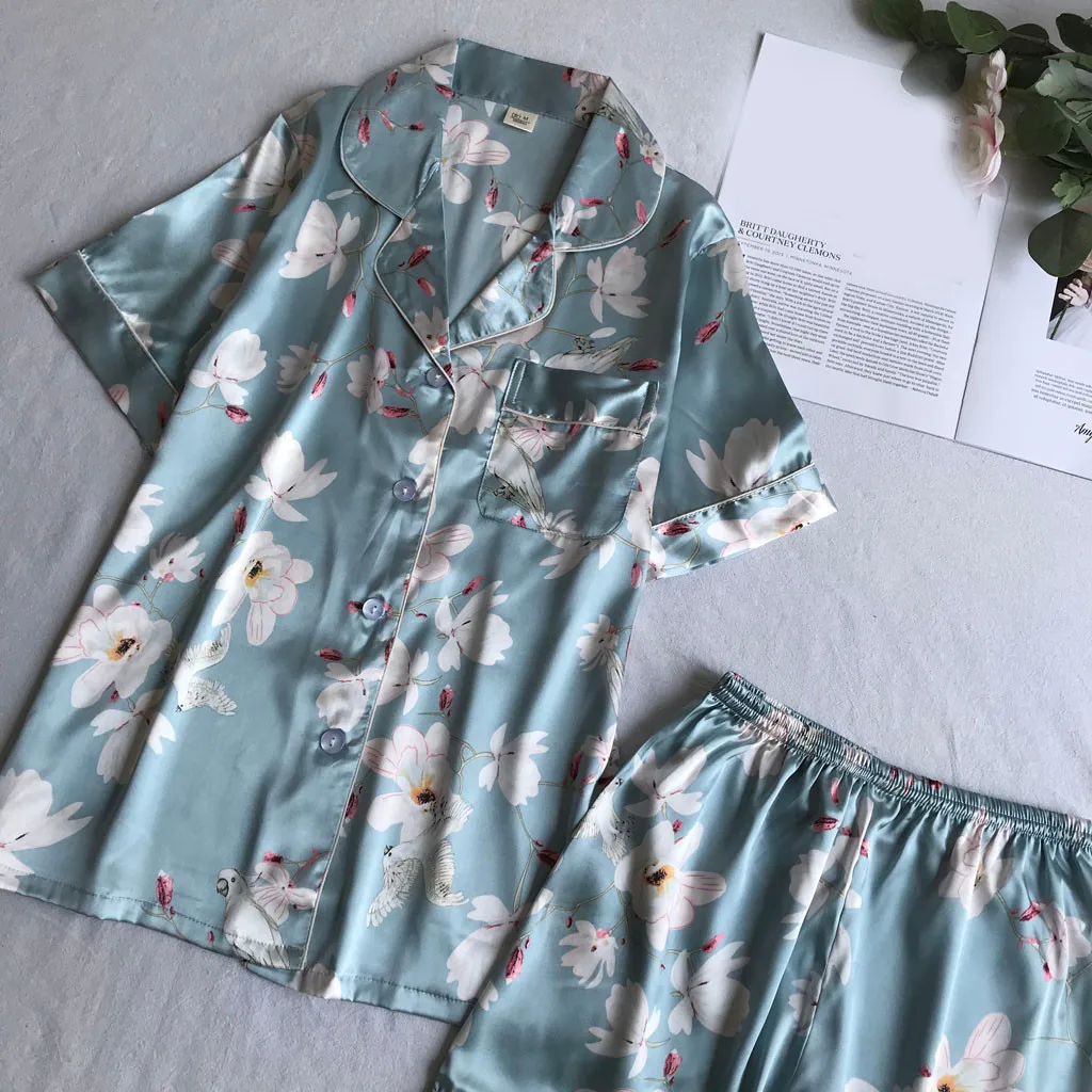 KANCOOLD печать короткий рукав шелк ComforblePajamas комплект Двойка комплект Пижама, пикантная сорочка для Для женщин спальный горячий сет