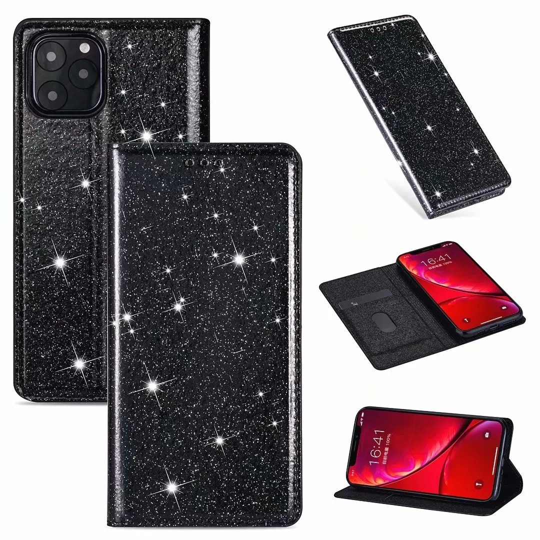 Custodia a portafoglio lucida con glitter per iPhone 12 11 Pro Max 12 Mini X XS Max XR 8 7 6 6s Plus, custodia protettiva lucida a portafoglio Coqu_voghion.com