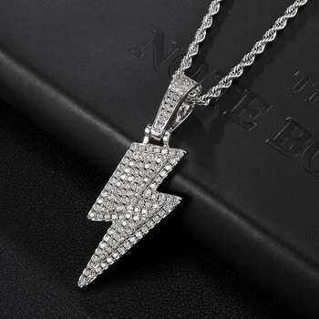 

Bling Iced Out Micro Paved CZ Lightning Solid Back Pendant & Necklaces For Men Hip Hop Rapper Jewelry With Tennis Chain