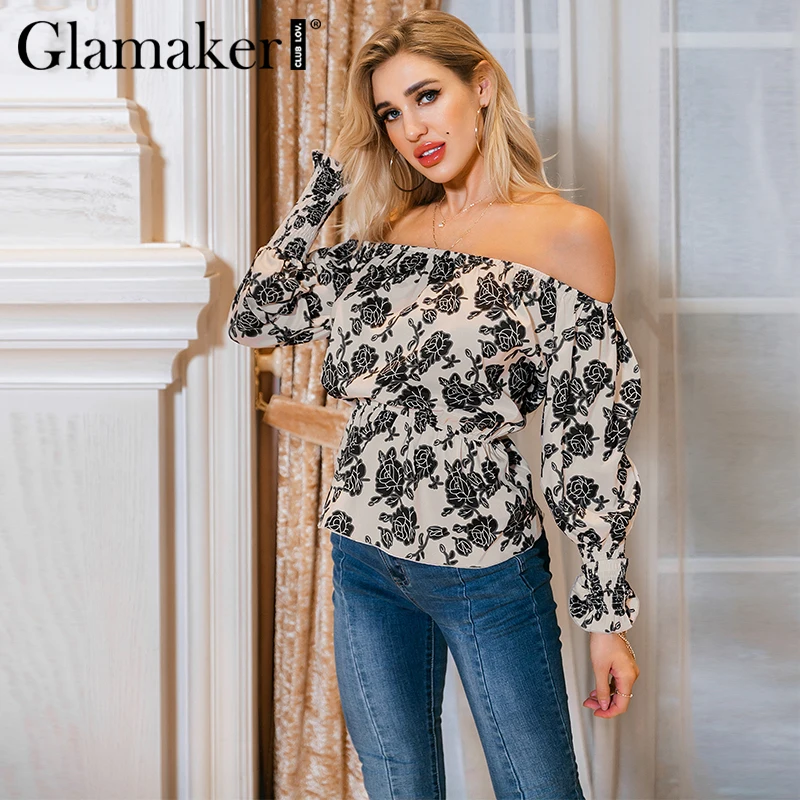 Glamaker женская блузка с открытыми плечами, рубашка с рюшами, винтажный черный цветочный принт, женские блузки, Уличная Повседневная Блузка с длинным рукавом