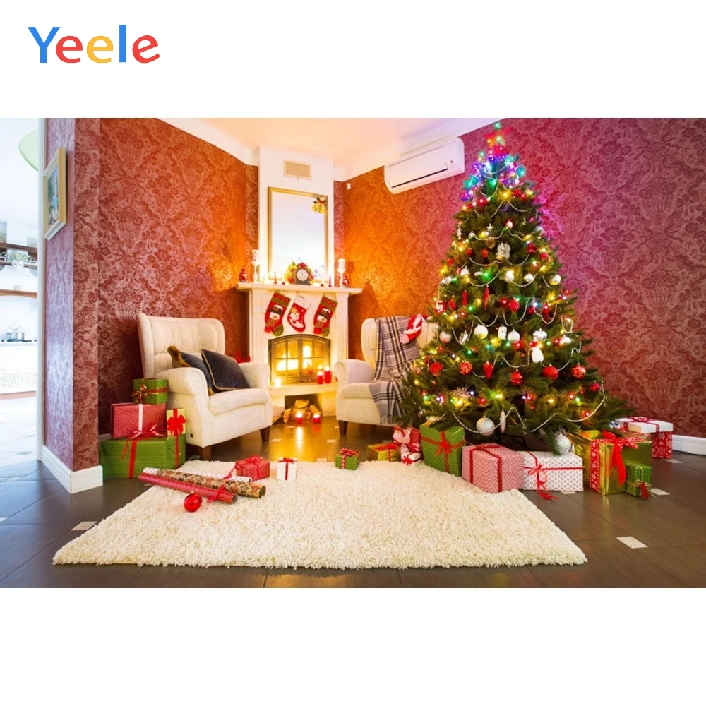 

Yeele Christmas Backdrop Tree Fireplace Fire Sofa Baby Birthday Party Customized Vinyl Photography Background For Photo Studio