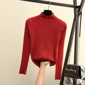 

New high neckline long sleeve solid color sweater bottoming shirt one size fashion warm simple knit sweater winter
