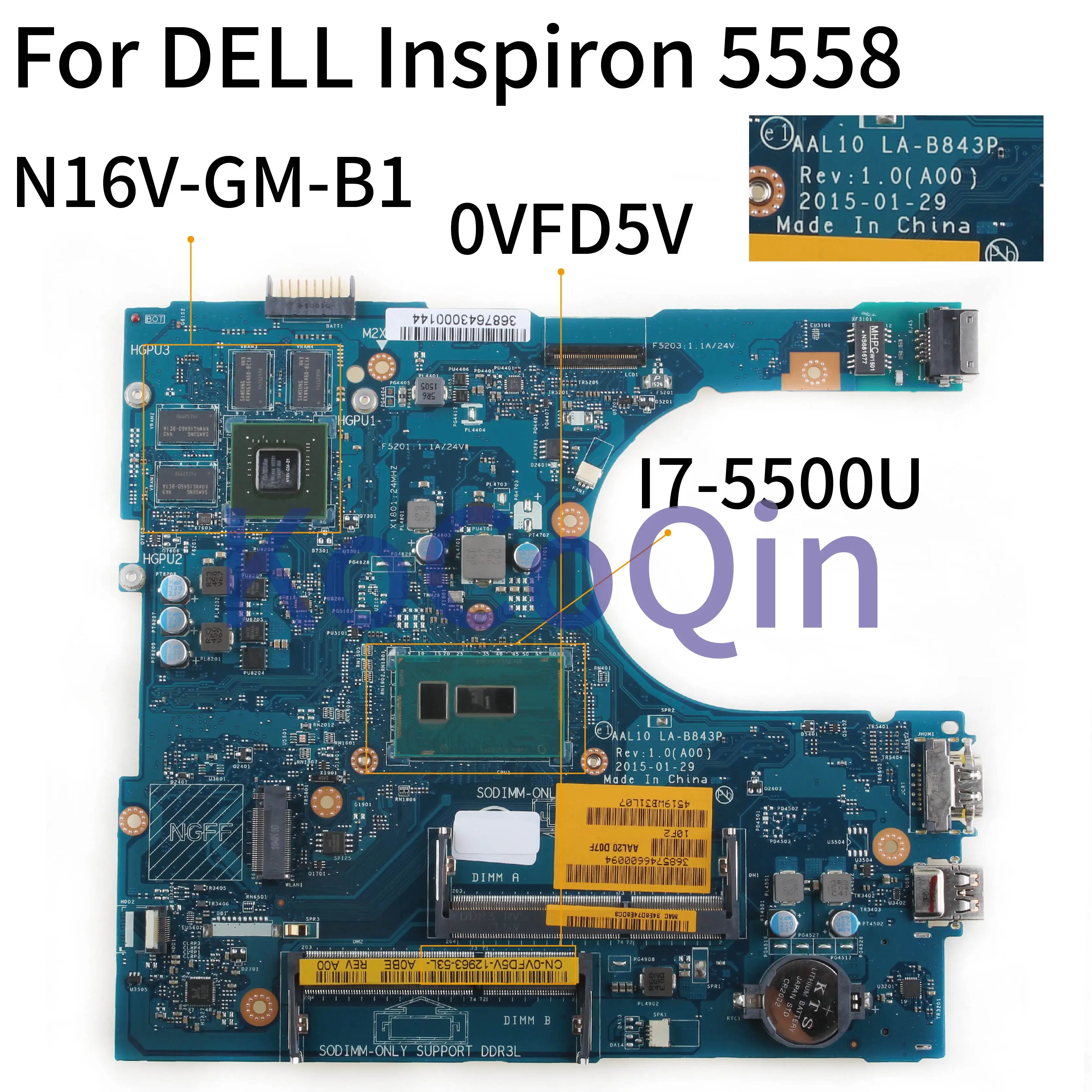 KoCoQin материнская плата для ноутбука DELL Inspiron 5458 5558 5758 I7-5500U SR23W N16V-GM-B1 материнская плата CN-0VFD5V 0VFD5V AAL10 LA-B843P