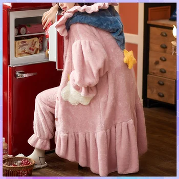 Robes Women's Dressing Gown Pajamas Hooded Coral Fleece Sleepwear Winter Coats For Home Clothes Cartoon Thicken Kimono Bathrobe