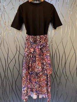 

False Two Pieces Women's Irregular Patchwork Midi Dress Ladies Short-sleeved Floral Print Tie Sweet Ladies Dresses