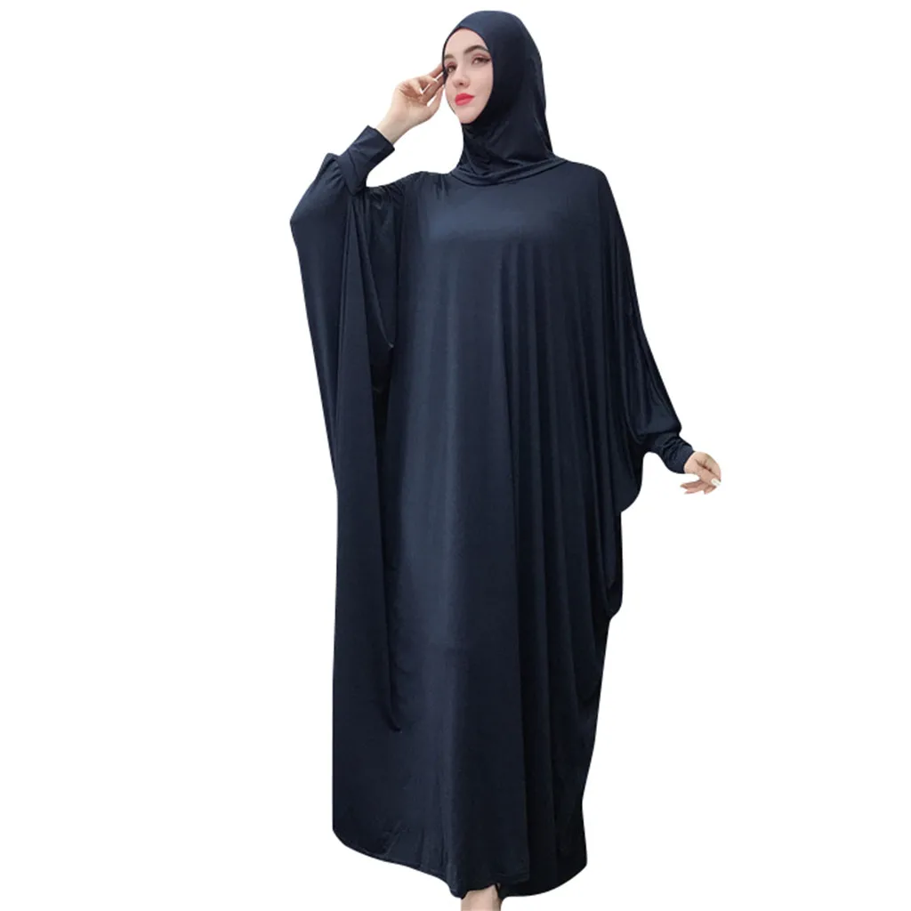 Navy KLV Дубай Кафтан платье мусульманские Вечерние abaya женщины арабское, с длинными рукавами сплошной цвет Турция ислам молитва Восточный халат из марокена Макси платья - Цвет: Navy