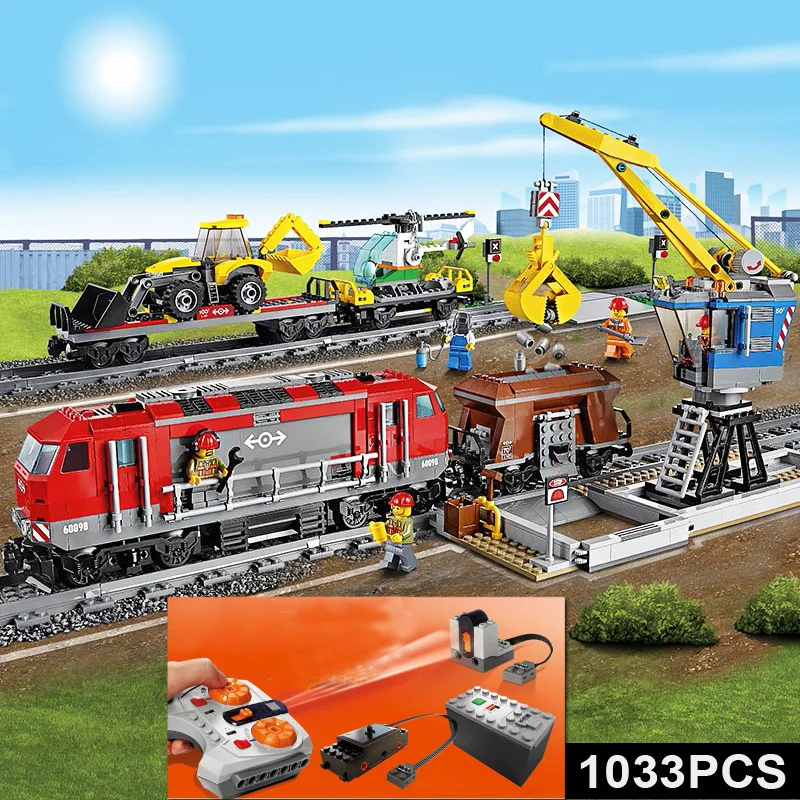 City With Motor Building Blocks Kit Compatible legoingLYs 60098 82009 Heavy haul Rail Train RC remote control Vehicle KID Toys