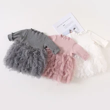 Платье для маленьких девочек трикотажное платье-рубашка с длинными рукавами кружевное платье принцессы с юбкой-пачкой теплая одежда для От 1 до 4 лет на зиму и осень