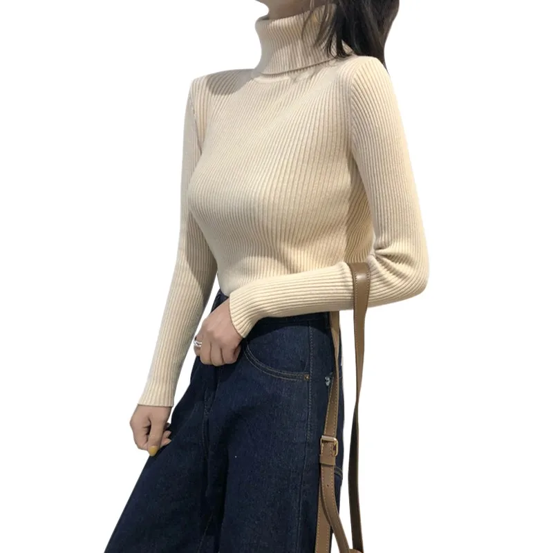 Осенний женский свитер, тонкий, мягкий, длинный рукав, высокий ворот, вязаный пуловер, сексуальный, тонкий, тянущийся, водолазка, Свитера для девушек, вязаный - Цвет: 1