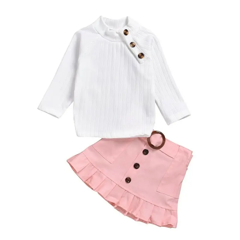 

Toddler Baby Girl Knitted Long Sleeve Pompom Sweater T-Shirt Tops + Button Mini Skirts Dress Outfits Fall Clothes Set