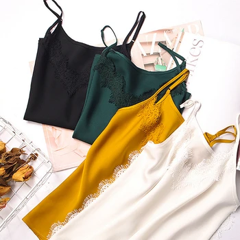 

100% Silk Tank Top Women High Quality Fabric Shoulder Strap Adjustable Length Lace 4 Colors Casual Basic Clothing Fashion