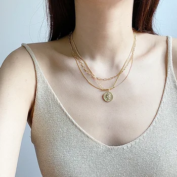 

European 925 sterling silver queen head round multi-layer exaggerated necklace female clavicle chain light luxury niche jewelry