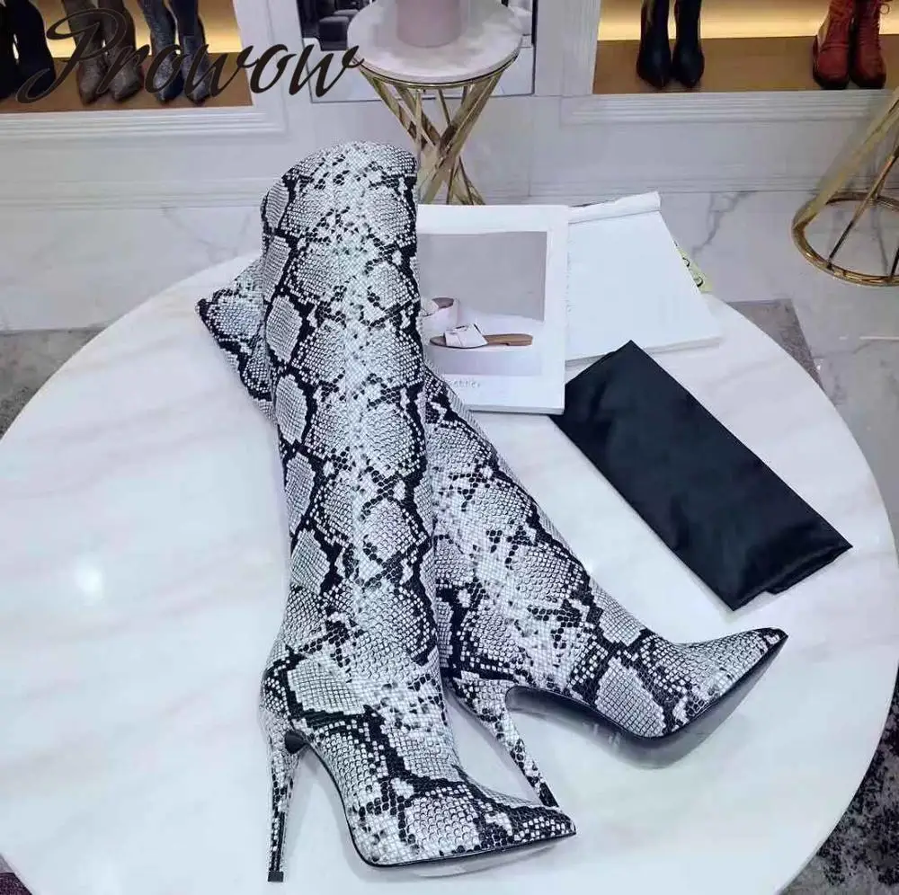 

Prowow New Snakeskin Genuine Leather Slip On Knee HIgh Boots Sexy Pointed Toe HIgh Heel Ladies Autumn Winter Boots Shoes Women