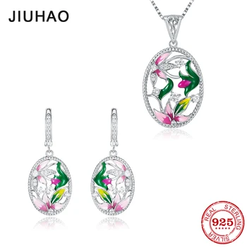 

Jewelry set pink and green lotus for women Authentic 925 Sterling Silver charms Fashion pendant Earrings Party Enamel