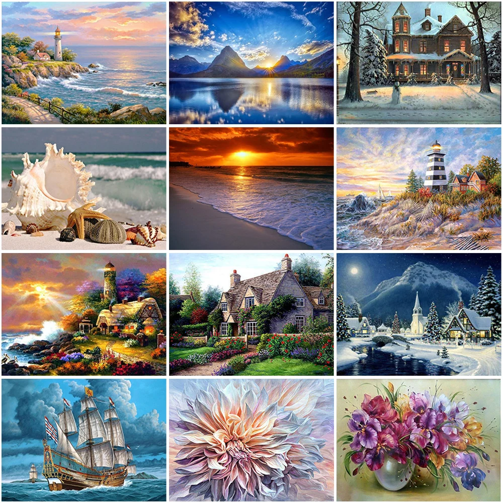 

5D Diamonds Painting Seaview Beach House tree flower Cross Stitch Full Round Drill Diamond Embroidery Mosaic Home Decor Gift DIY