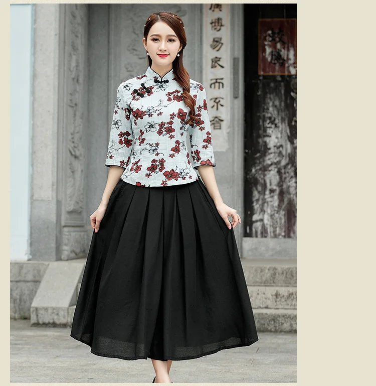 Учебный стиль для женщин с длинными рукавами белый Qipao сломанные цветы Улучшенный чёнсам Тан костюм рубашка женская повседневная одежда рубашка