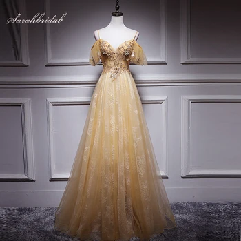 

Elegant New Boat Neck Gold Prom Evening Dresses Tulle Lace Sequins Open Back Long Formal Party Gowns vestidos de noite J0722