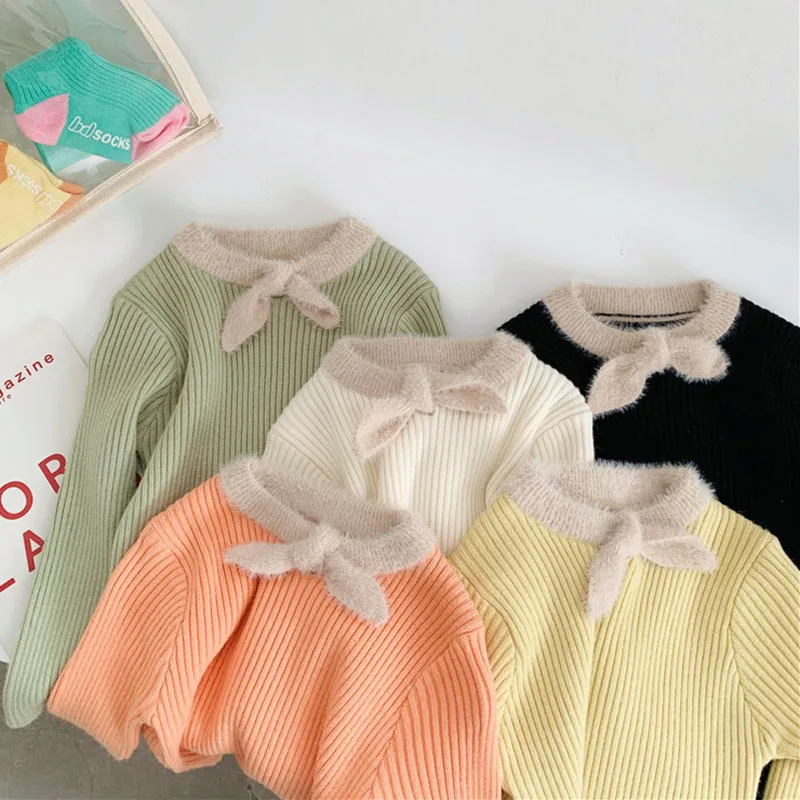 Свитер для маленьких девочек Осенний милый свитер малышей вязаный Однотонный
