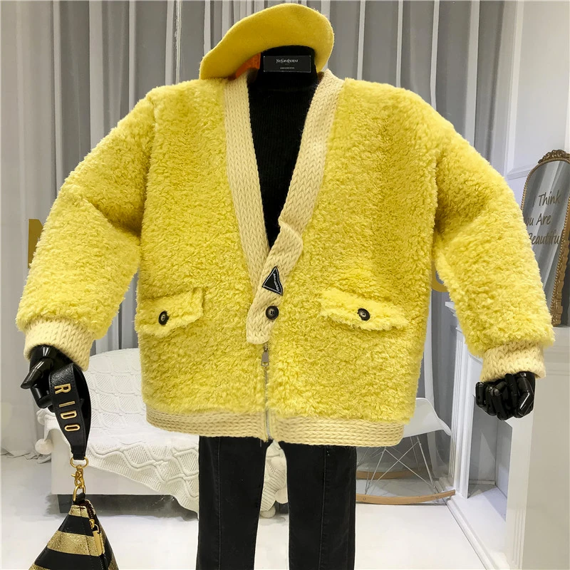 

Yellow Fleece Jackets Women V-Neck Single Button High Street Solid Coats and Jackets Women Female Designer Outwear Tops