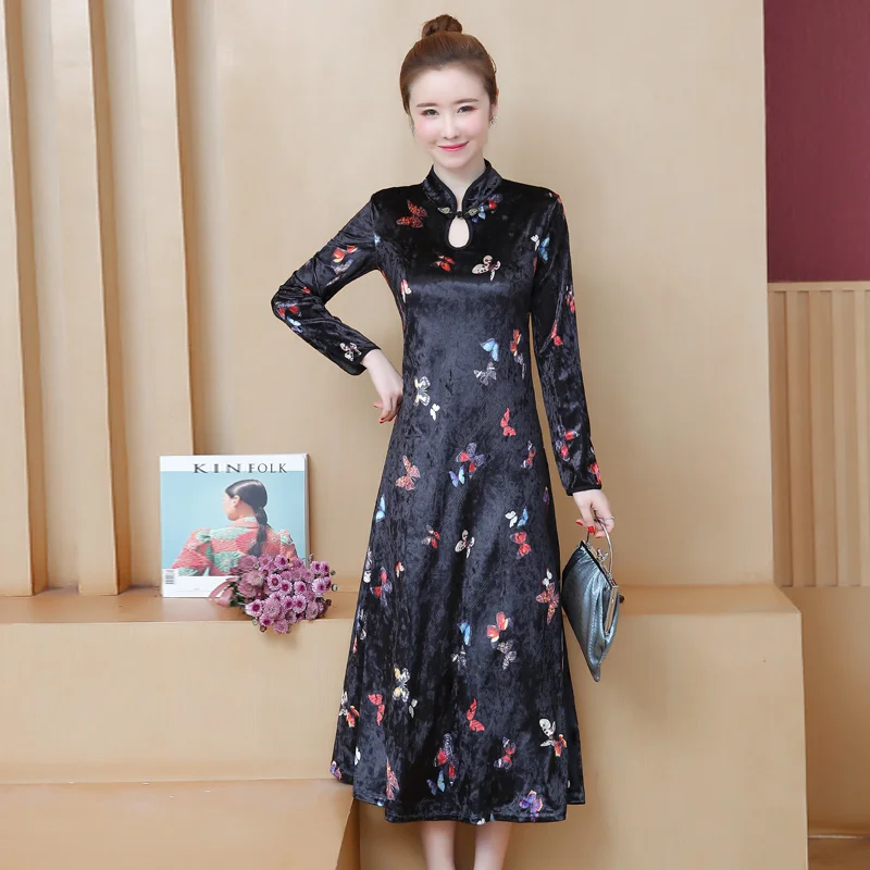Большой размер Cheongsam молодой принт китайский стиль рукава улучшенная версия платья бархат cheongsam длинная секция