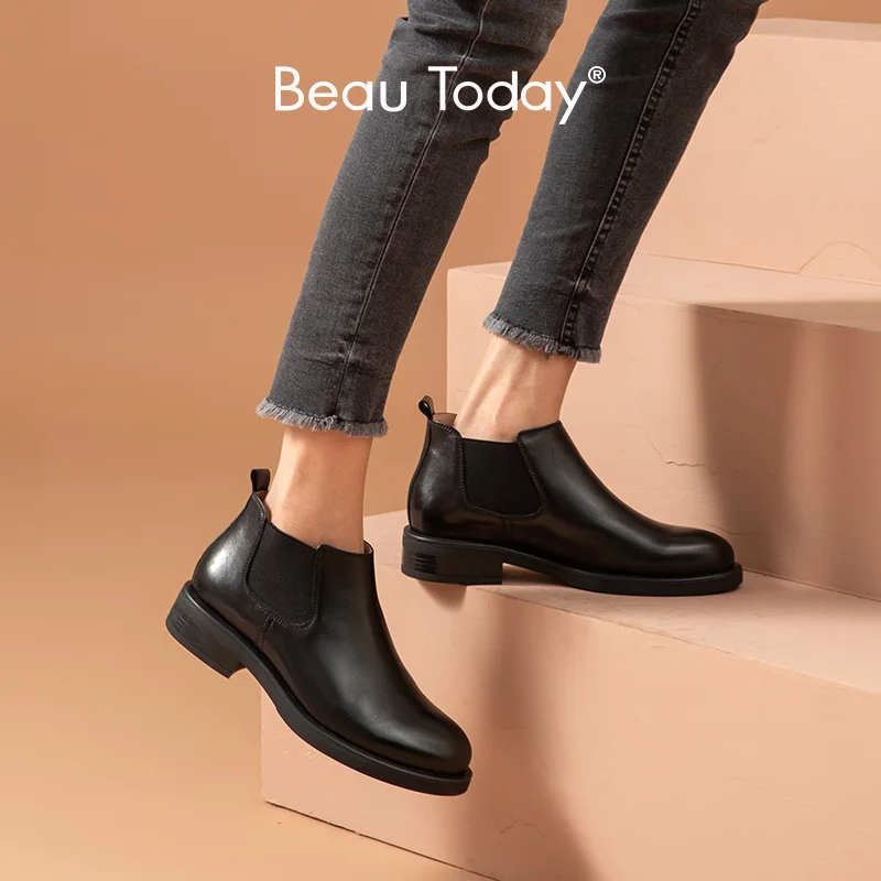 

BeauToday Chelsea Boots Women Genuine Cow Leather Ankle Boots Round Toe Elastic Band Autumn Winter Ladies Shoes Handmade 03650