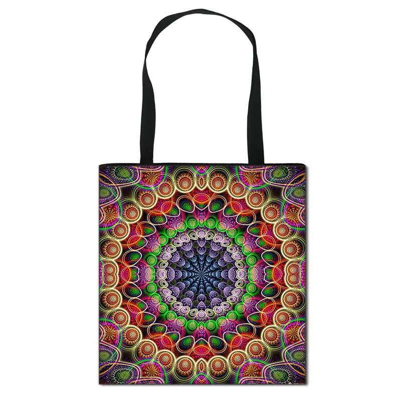 Mandala Flower Tote Bags Women Eco Linen Reusable Shopping Bag Floral Print Handbags For Lady Traveling Beach 