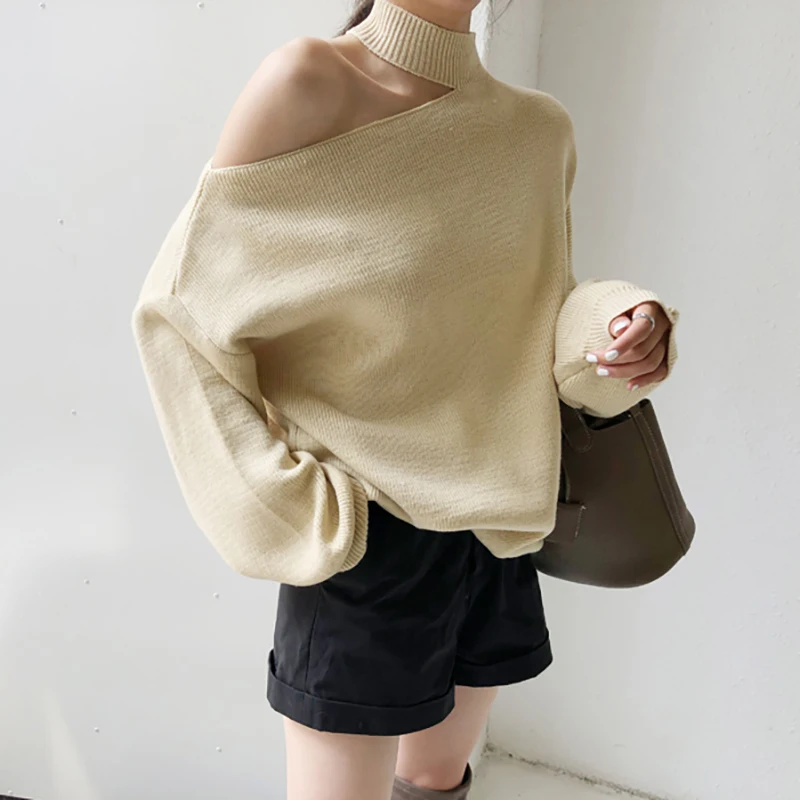 

Off Shoulder Sweater Pullover Women Enteritos Largos De Mujer Elegantes Black Turtleneck Korean Style Tricot Feminino Autumn