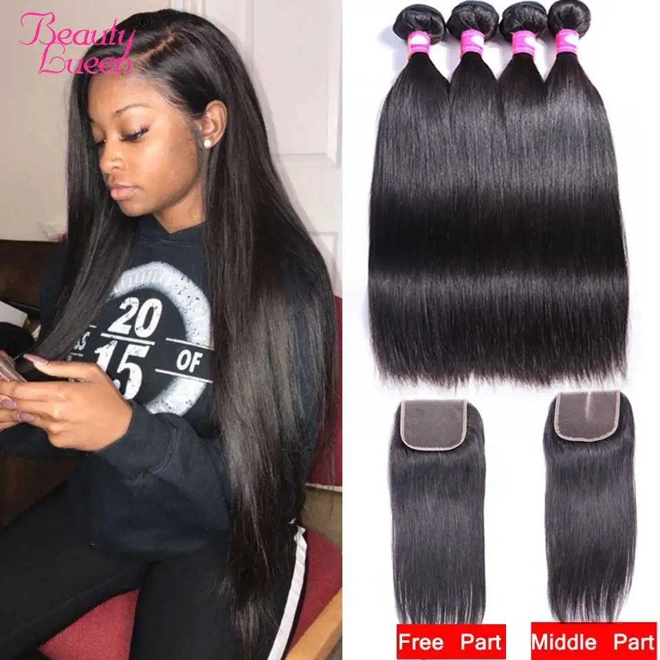 Beauty Lueen прямые пряди для волос с закрытием Remy человеческие волосы 3/4 перуанские