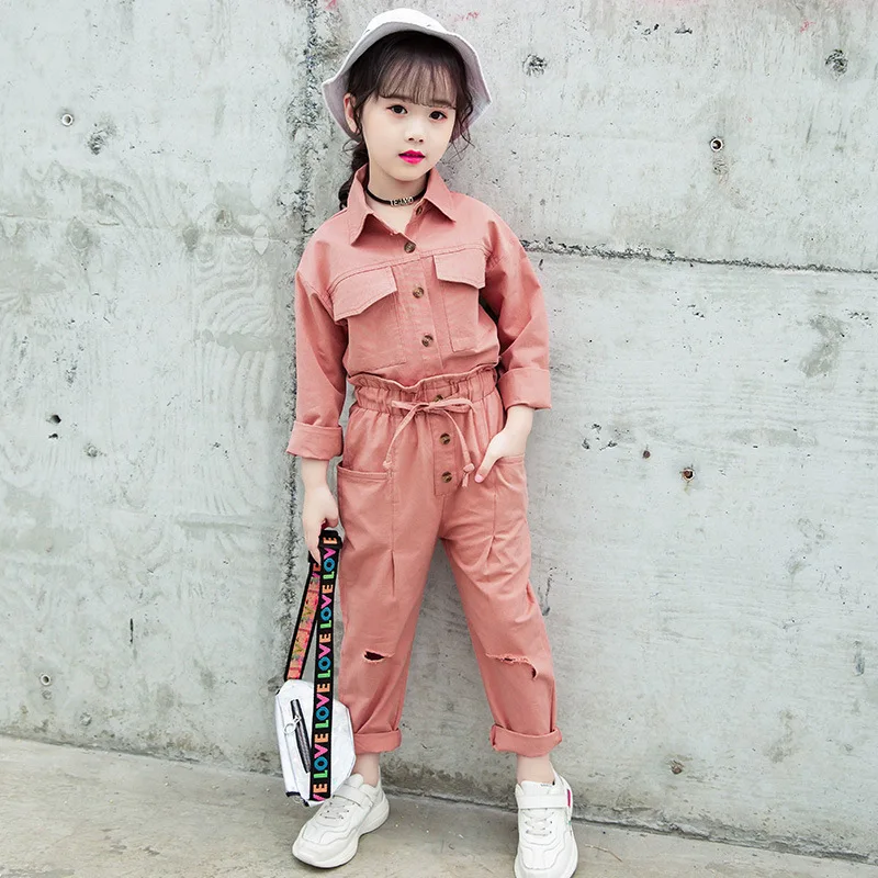 

Childrenswear 2019 New Style Spring GIRL'S Suit Big Boy Korean-style Shirt Ripped Pants Two-Piece Set