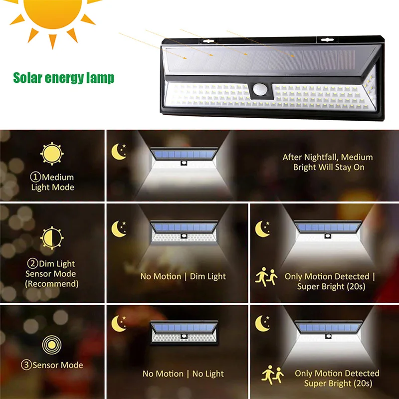 118 светодиодный светильник на солнечной батарее с датчиком движения, Уличный настенный светильник с 3 режимами, IP65 Водонепроницаемый энергосберегающий безопасный садовый светильник s