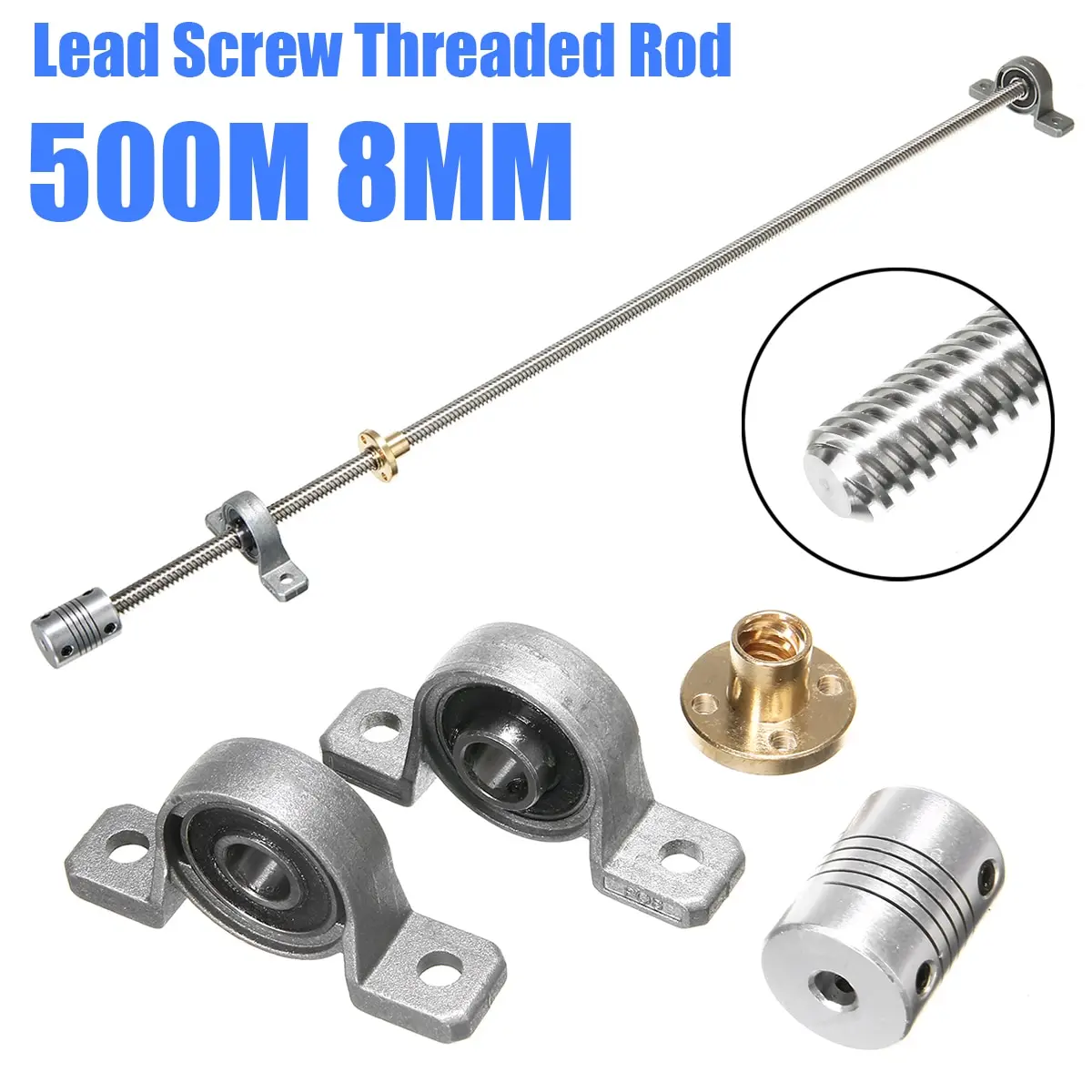 3D Printer T8 Trapezoidal Lead Screw Rod Nut Coupling Shaft Adapter Bearing Mount Connector 500mm 3D Printing Lead Screws Kit