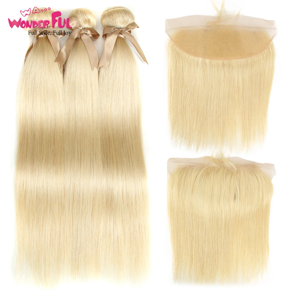 

Blonde Bundles With Frontal Remy Malaysian Straight Human Hair 613 Bundles With Frontal Closure 13*4 Ear To Ear