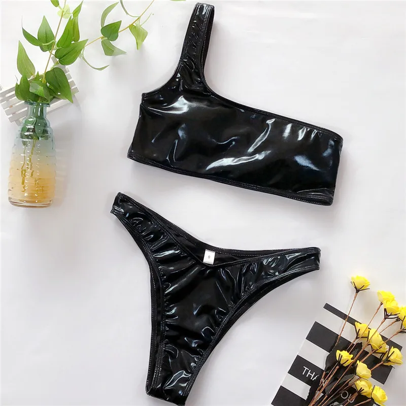 

Hirigin Neon Pu Leather Sexy Bikini Set Women 2020 One Shoulder Swimwear Push Up Padded Thong Bikini Women Bathing Suit Beach