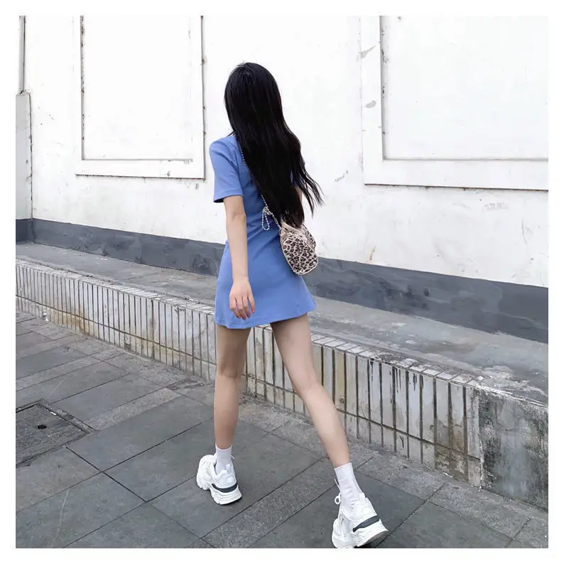 Korean Simple Sweet Polo Shirt Button Pure Color Powder Blue Short Sleeve Mini Dress Women High Waist Skinny Evening Party girl sexy dress