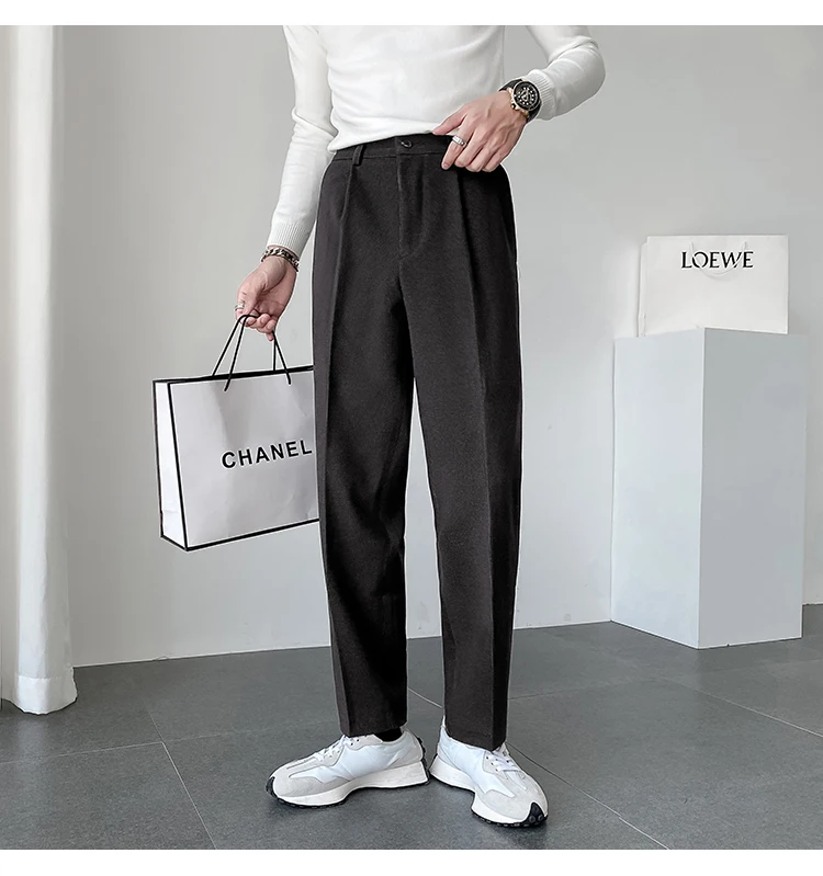 casual joggers 2021 Autumn Winter Men's Thick Trousers Woolen Solid Elastic Waist Casual Suit Pants Korean Style Straight Fashion Warm Bottoms black khaki pants