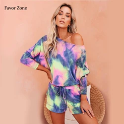 Sexy Slash Neck Long Sleeve Women's T-shirt Drawstring Shorts Home Two Piece Suit Women Autumn Casual Tie Dye Tracksuit Outfits