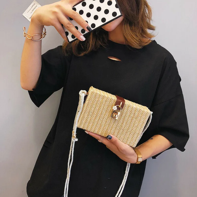 USFashion Lady Floral Print Beach Rectangle Box Bag Rattan Straw Crossbody Bags Bohemia Handbag Shouldbag