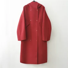 Зима Новое корейское двухстороннее шерстяное сшитое вручную длинное шерстяное пальто с капюшоном женское двубортное повседневное свободное шерстяное пальто