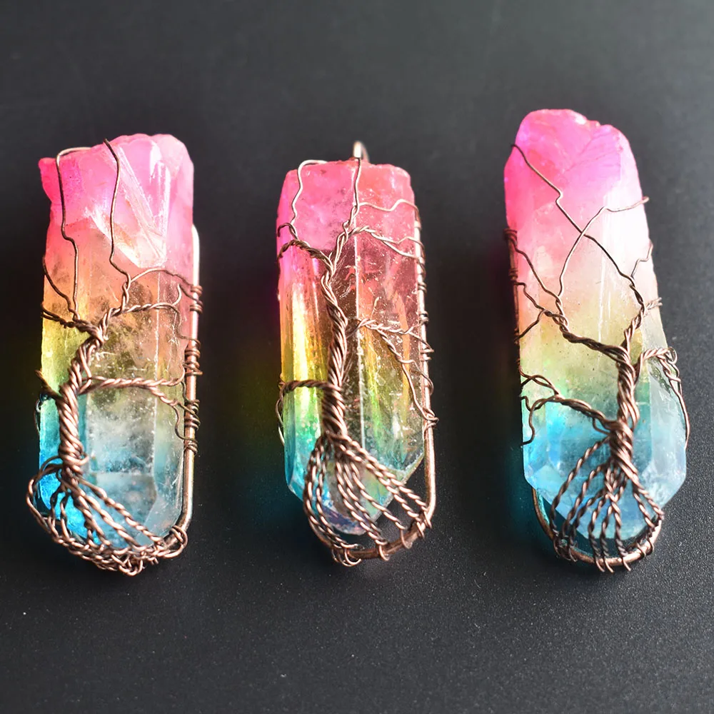 7 Chakra Crystal Natural/Rainbow Stone Quartz tree of life Pendant Necklace Reiki Healing Chakra Jewelry Wholesale 6Pcs/Lot free