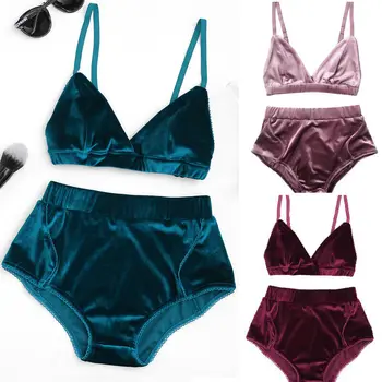 

2020 New Women's 2 Piece Vintage Velvet Lingerie Set Strap Bra Underwear Suit Sleepwear tops+shorts