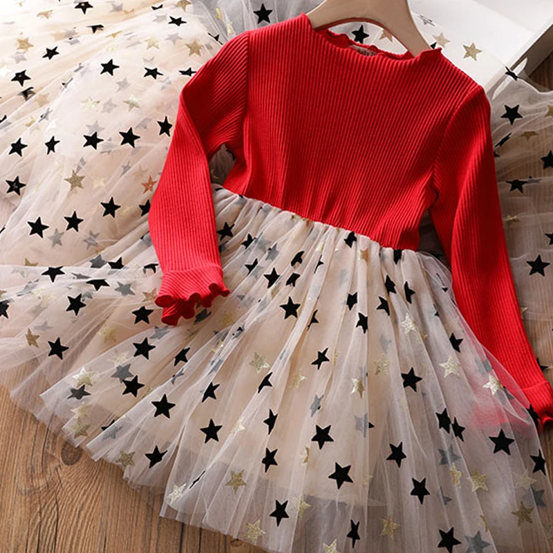 Подарок на год, новая осенне-зимняя одежда для маленьких девочек повседневное Сетчатое платье принцессы с длинными рукавами и принтом со звездой для девочек возрастом от 3 до 8 лет
